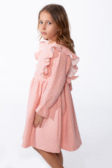 Girl's Textured Jakar Tonal Patterned Elasticated Ruffle Cuffs Dramatic Ruffle Waist Tie Charm Dress