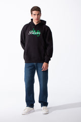 Men's Oversized Urban Design Hooded Neck Long Sleeves Kangaroo Pocket Bold Graphic Print Relaxed Fit Melton Sweatshirt