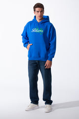 Men's Oversized Urban Design Hooded Neck Long Sleeves Kangaroo Pocket Bold Graphic Print Relaxed Fit Melton Sweatshirt