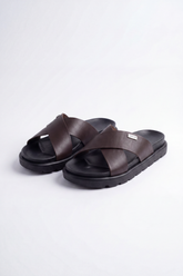 Men’s Tomato Store Crossline Slide Sandals Smooth Wide Strap Surface Overlapped Front Design Small Logo Badge
