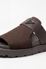 Men’s Tomato Store Heritage Buckle Slides Sandals Brushed Nap Upper Paired With Pebbled Grain Cross Strap Raised Metal Badge