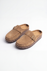 Men’s Tomato Store Clogs Loafers Brushed Nap Texture Across The Upper Moc Toe Stitching Cross Strap Buckle Detail Slipper