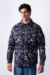 Men's Classic Neck Long Sleeve Printed Textured Fabric Chest Pocket Jakar Shirt