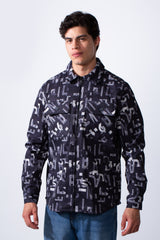 Men's Classic Neck Long Sleeve Printed Textured Fabric Chest Pocket Jakar Shirt