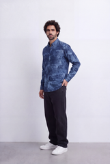 Men's Slim Fit Long Sleeve Denim Jacquard Shirt All-Over Washed Graffiti Print Casual Style Tomato Store