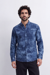 Men's Slim Fit Long Sleeve Denim Jacquard Shirt All-Over Washed Graffiti Print Casual Style Tomato Store