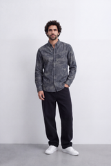 Men's Slim Fit Long Sleeve Denim Jacquard Shirt All-Over Washed Graffiti Print Casual Style Tomato Store