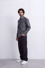 Men's Slim Fit Long Sleeve Denim Jacquard Shirt All-Over Washed Graffiti Print Casual Style Tomato Store