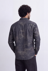 Men's Slim Fit Long Sleeve Denim Jacquard Shirt All-Over Washed Graffiti Print Casual Style Tomato Store