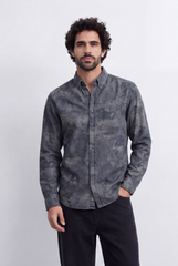 Men's Slim Fit Long Sleeve Denim Jacquard Shirt All-Over Washed Graffiti Print Casual Style Tomato Store
