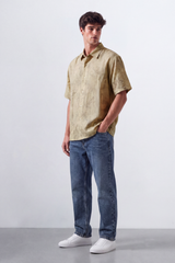 Men's Tomato Store Summer Blend Shirt Allover Script Embroidery Textured Woven Finish Box Short Sleeve Fit