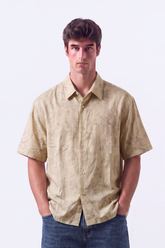 Men's Tomato Store Summer Blend Shirt Allover Script Embroidery Textured Woven Finish Box Short Sleeve Fit