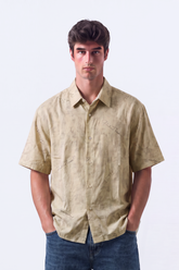 Men's Tomato Store Summer Blend Shirt Allover Script Embroidery Textured Woven Finish Box Short Sleeve Fit