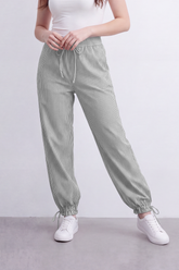 Women's Tomato Store Striped Woven Jogger Pants Elastic Drawstring Waist Gathered Ankle Detail