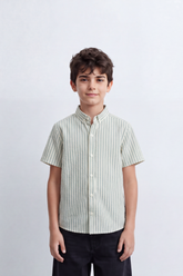 Boy's Tomato Store Textured Woven Shirt Vertical Stripe Pattern Band Collar Half Sleeve