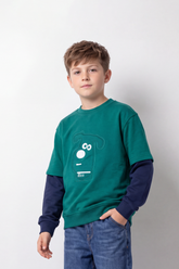 Boy's Tomato Store Winter Layered Fleece Sweatshirt Contrast Sleeve Design Character Graphic Oversize