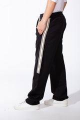 Men's Elasticated Waistband Drawstrings Multi-Stripe Side Single Back Pocket Double Needle Wide Leg Sweatpants