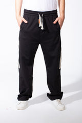 Men's Elasticated Waistband Drawstrings Multi-Stripe Side Single Back Pocket Double Needle Wide Leg Sweatpants