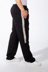 Men's Elasticated Waistband Drawstrings Multi-Stripe Side Single Back Pocket Double Needle Wide Leg Sweatpants
