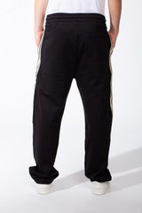 Men's Elasticated Waistband Drawstrings Multi-Stripe Side Single Back Pocket Double Needle Wide Leg Sweatpants