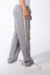 Men's Elasticated Waistband Drawstrings Multi-Stripe Side Single Back Pocket Double Needle Wide Leg Sweatpants