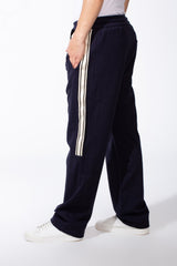 Men's Elasticated Waistband Drawstrings Multi-Stripe Side Single Back Pocket Double Needle Wide Leg Sweatpants