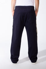 Men's Elasticated Waistband Drawstrings Multi-Stripe Side Single Back Pocket Double Needle Wide Leg Sweatpants