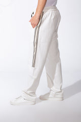 Men's Elasticated Waistband Drawstrings Multi-Stripe Side Single Back Pocket Double Needle Wide Leg Sweatpants