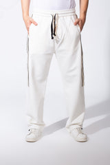 Men's Elasticated Waistband Drawstrings Multi-Stripe Side Single Back Pocket Double Needle Wide Leg Sweatpants