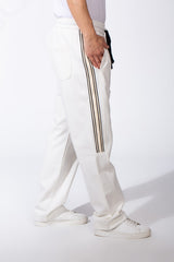 Men's Elasticated Waistband Drawstrings Multi-Stripe Side Single Back Pocket Double Needle Wide Leg Sweatpants