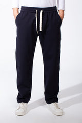 Men's Elasticated Waistband Flat Black Cotton Drawstrings Wide-Leg Sweatpants