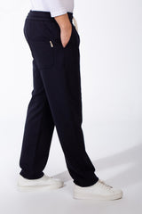 Men's Elasticated Waistband Flat Black Cotton Drawstrings Wide-Leg Sweatpants