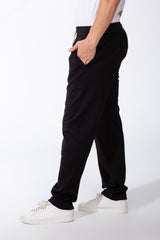 Men's Elasticated Waistband Flat Black Cotton Drawstrings Wide-Leg Sweatpants
