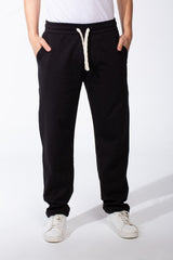 Men's Elasticated Waistband Flat Black Cotton Drawstrings Wide-Leg Sweatpants