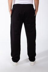 Men's Elasticated Waistband Flat Black Cotton Drawstrings Wide-Leg Sweatpants