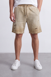 Men's Tomato Store Washed Twill Bermuda Shorts Distressed Rip Details Elastic Drawstring Waist Raw Hem