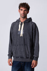 Men's Oversized Tomato Store Washed Hood Sweatshirt With Front Kangaroo Pocket And Back Text Print