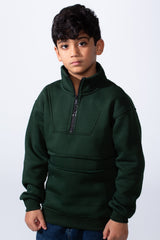 Boy’s Half Zipper Oversize Melton High Neck Sweatshirt With Modern Layered