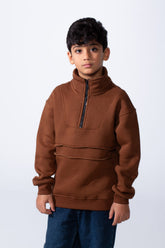 Boy’s Half Zipper Oversize Melton High Neck Sweatshirt With Modern Layered