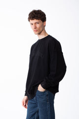 Men's Oversized Pigment-Dye Finish Ribbed Crew Neck Modern Distressed Edge Melton Sweatshirt