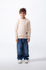Boy's Slim Fit Melton Crew Neck Cartoon Patch Sweatshirt