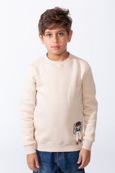Boy's Slim Fit Melton Crew Neck Cartoon Patch Sweatshirt