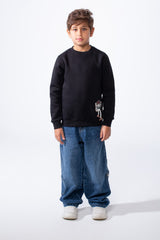 Boy's Slim Fit Melton Crew Neck Cartoon Patch Sweatshirt