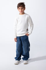 Boy's Slim Fit Melton Crew Neck Cartoon Patch Sweatshirt