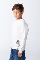 Boy's Slim Fit Melton Crew Neck Cartoon Patch Sweatshirt