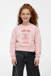 Girl's Long Sleeve Front Print Detail Round Neckline Comfortable Melton Sweatshirt
