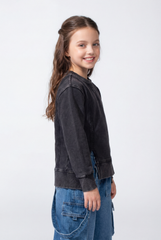 Girl’s Acid Wash Crew Neck Sweatshirt With Layered-Hem Side Slits