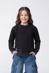 Girl’s Acid Wash Crew Neck Sweatshirt With Layered-Hem Side Slits