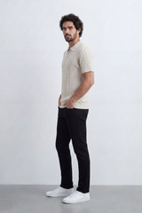 Men’s Tomato Store Grove Rib Zip Polo Neck T-Shirt Vertical Raised Rib Texture Defines The Body Half Zip Detail Contrast Edge Trim