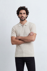 Men’s Tomato Store Grove Rib Zip Polo Neck T-Shirt Vertical Raised Rib Texture Defines The Body Half Zip Detail Contrast Edge Trim